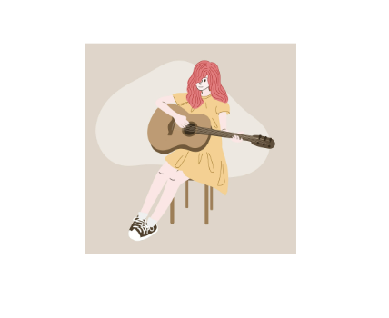 girl with long red hair playing guitar, sitting on brown stool with brown sneakers and yellow dress on a tan background
