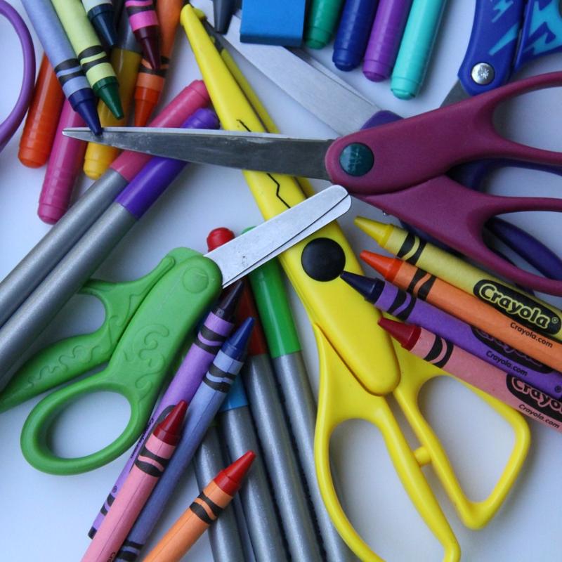 crayons, scissors, colored pencils