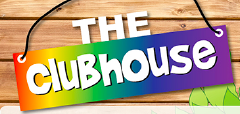 Clubhouse wooden sign with rainbow color background