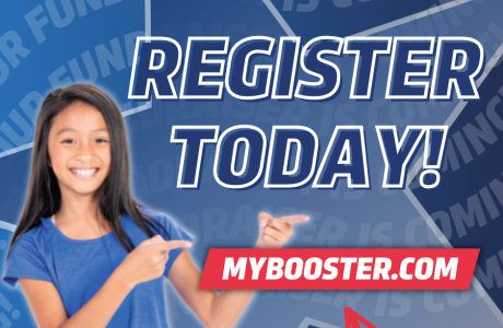 Register Today mybooster.com blue and red text girl with long dark hair pointing at words