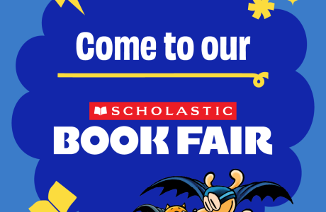 Blue poster with dogman character that says come to our book fair in white text