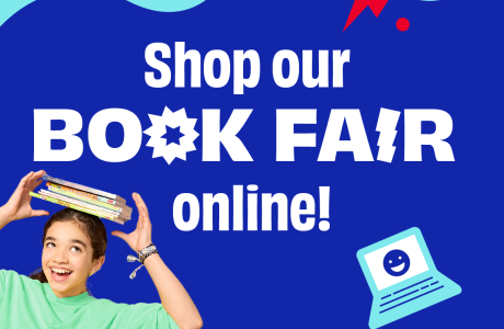 Shop Our Book Fair Online! text in white on blue background. Foreground Girl holding book on head and graphic of a laptop.