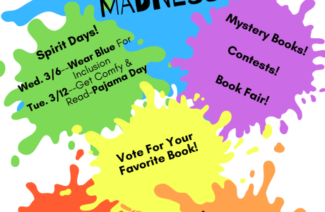 multicolored paint splotches with March Reading Madness and activities on them in black print