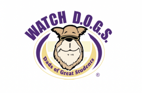 WatchDOGS logo purple and gold with large brown dog head in middle WatchD.O.G.S. Dads of Great Students in print around the dog head