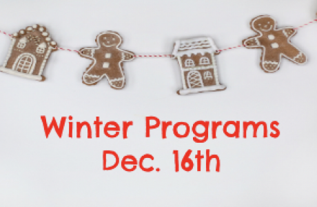 gingerbread men and houses on a screen with the word Holiday Programs Dec. 16th in red font
