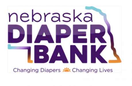 Nebraska Diaper Bank logo Purple words inside a mutli colored outline of Nebraska