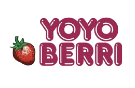 Yoyo Berri Logo in uppercase dark red text with a red strawberry to the bottom left of the text