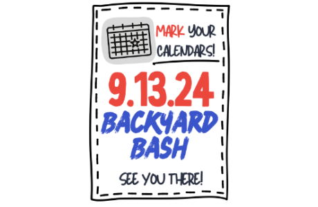 Backyard Bash flier Sept. 13, 2024 red and blue on white background with image of a calendar