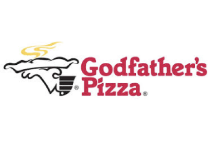 black outline of hand holding a pan of pizza followed by Godfather's Pizza in red font on a white background