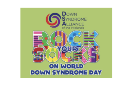 Rock Your Socks in multicolored text for Down Syndrome Day on a green background