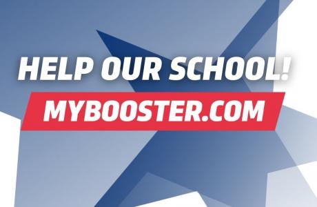 Help Our School mybooster.com text on blue and red background with dark blue star