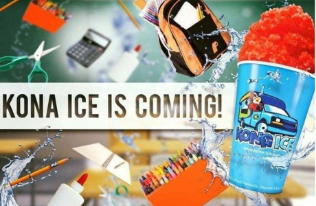Kona Ice is Coming in black text on white with a red snow cone in blue cup to the right on a background with a variety of school supplies