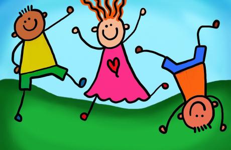 three stick figure children playing on green grass with a blue sky boy in yellow shirt and spiky hair jumping, girl in pink dress and long wavy orange hair jumping, boy in orange shirt doing a cartwheel