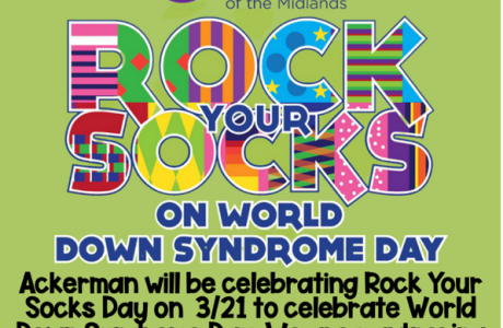Rock Your Socks in multicolored text for Down Syndrome Day on a green background