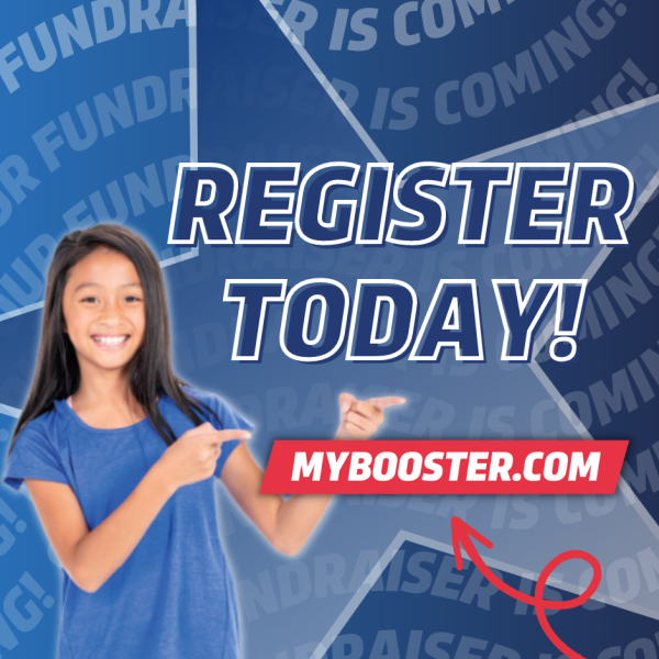 Register Today mybooster.com blue and red text girl with long dark hair pointing at words
