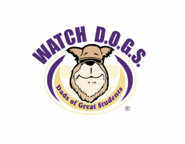 WatchDOGS logo purple and gold with large brown dog head in middle WatchD.O.G.S. Dads of Great Students in print around the dog head