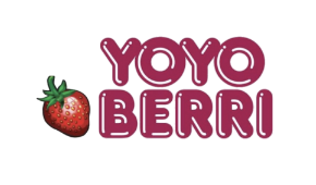 Yoyo Berri Logo in uppercase dark red text with a red strawberry to the bottom left of the text