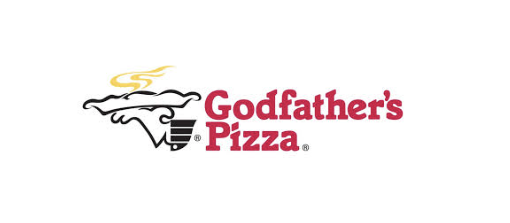 black outline of hand holding a pan of pizza followed by Godfather's Pizza in red font on a white background