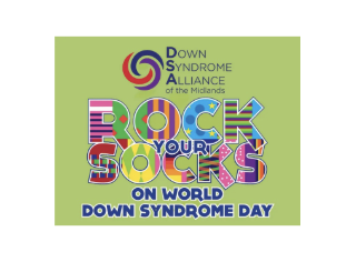Rock Your Socks in multicolored text for Down Syndrome Day on a green background