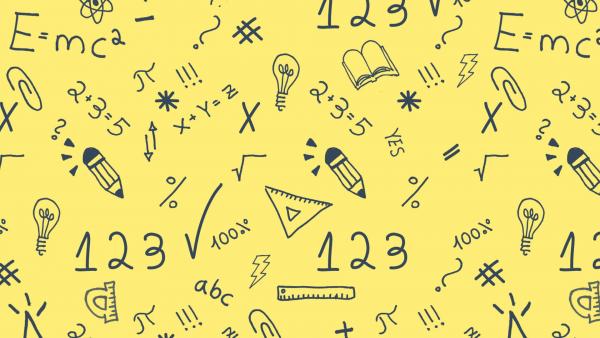 school math and reading symbols on yellow background