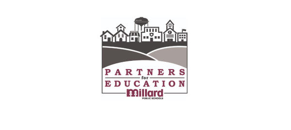 Partners for Education Millard Public Schools text in burgundy and black and white house water tower outlines on hills