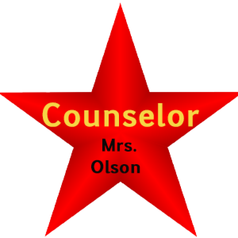 red star with yellow text Counselor and black text Mrs. Olson