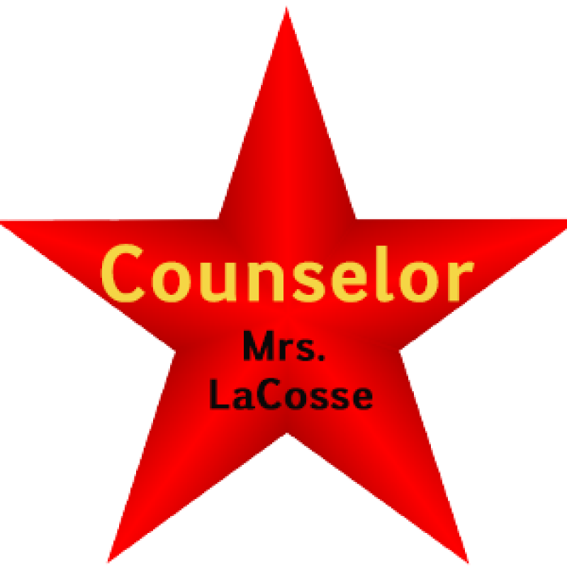 red star with yellow text Counselor and black text Mrs. LaCosse