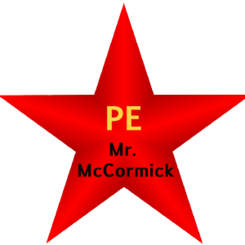 Red Star with yellow word PE and black text Mr. McCormick