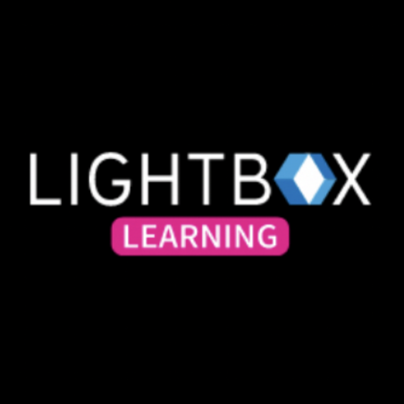 Lightbox Learning logo white letters on black and pink