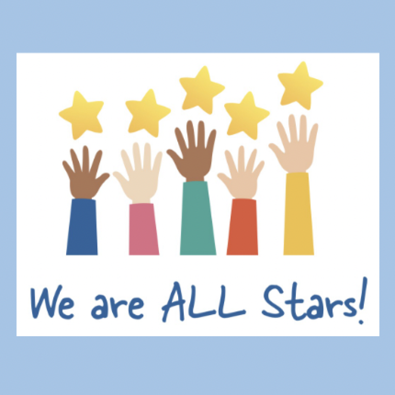 We are ALL Stars! text with hands of varying skin colors reaching up for yellow stars