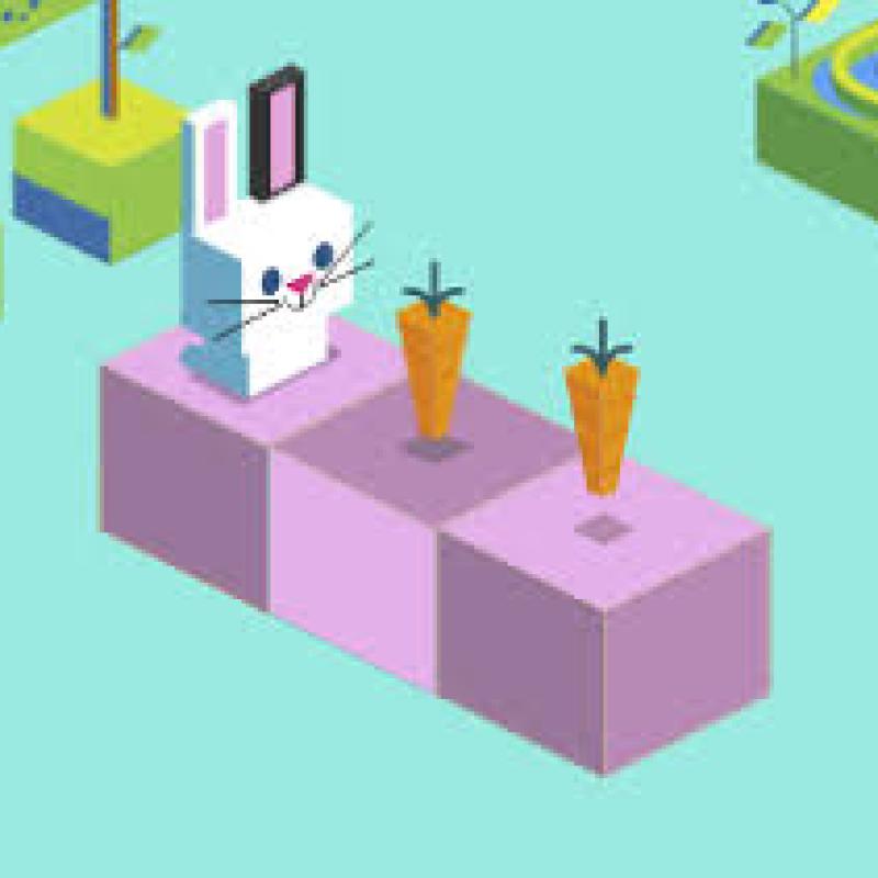 white bunny graphic on purple cubes with carrots on an aqua backround with green squares
